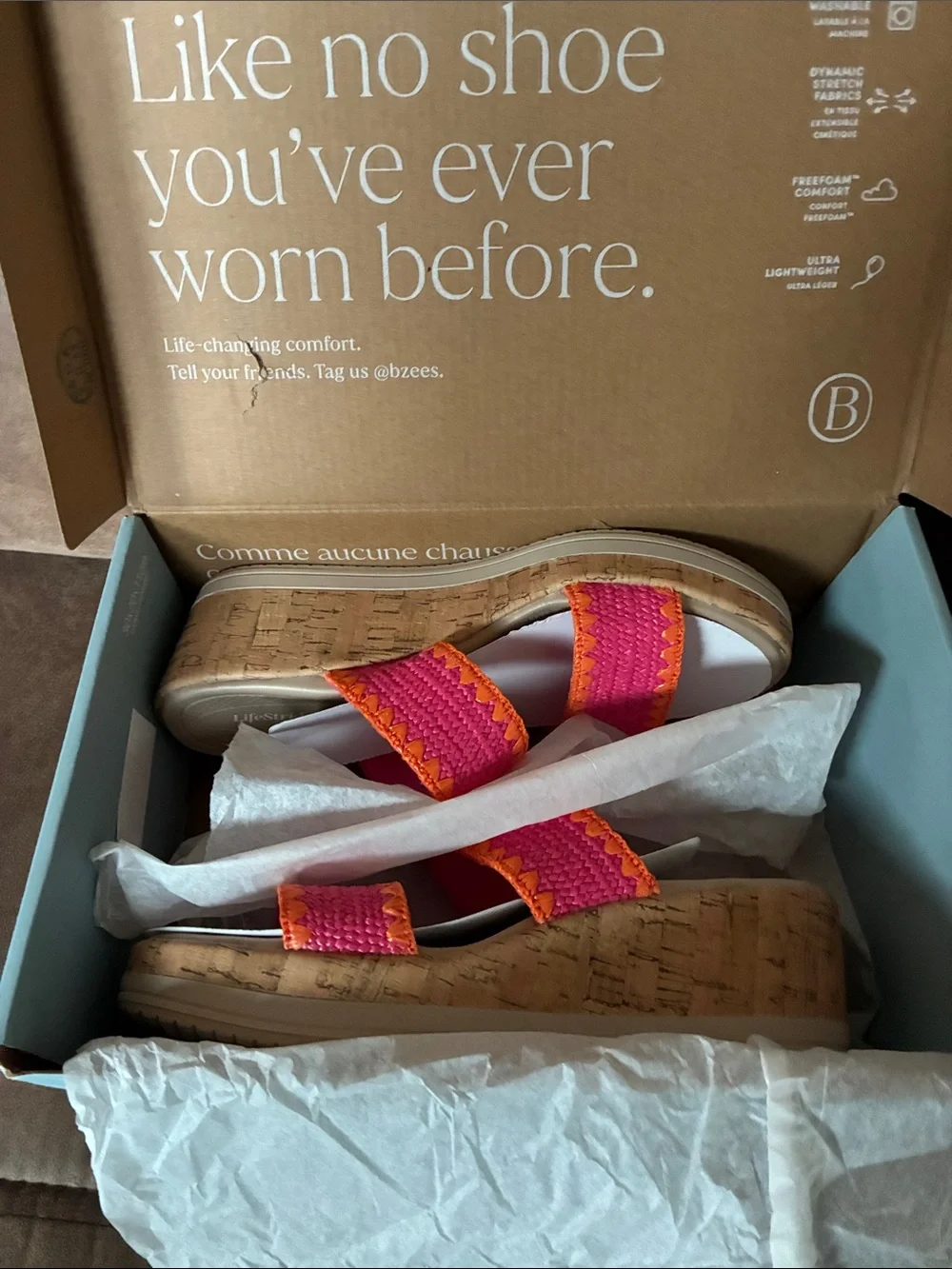 LifeStride Pink and Orange Woven Cork Wedge Slides